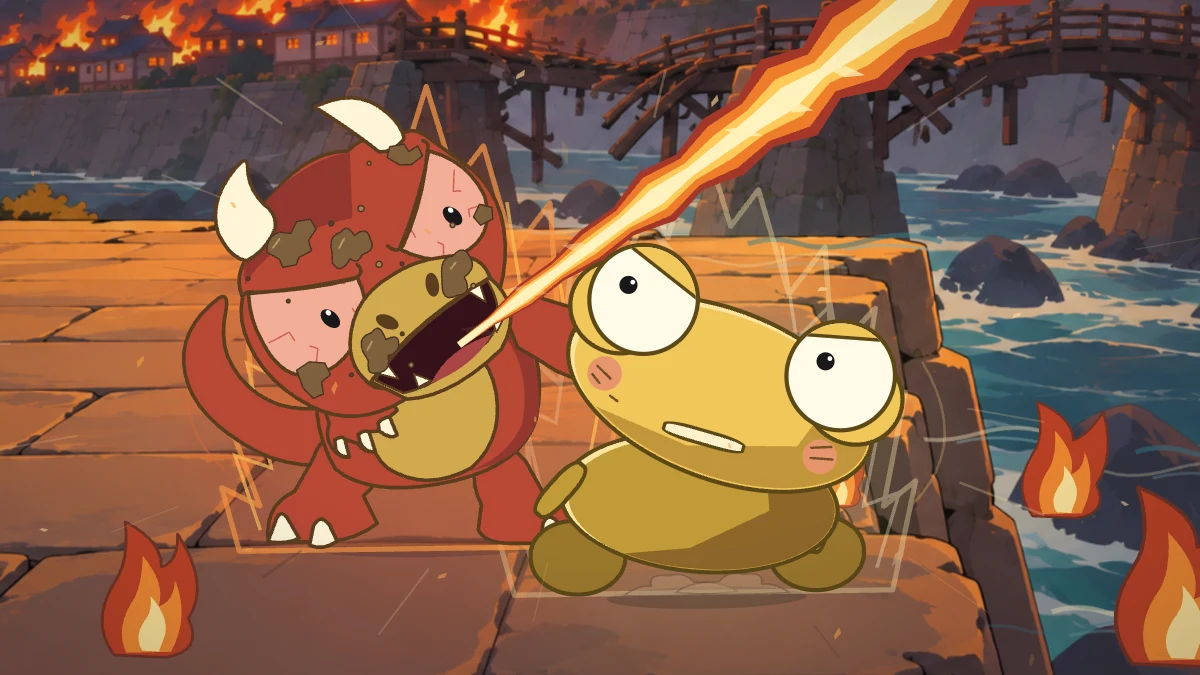 Kero crouches below a stream of dragon fire with the river just behind him.