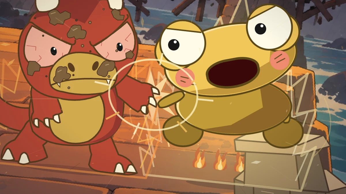 Goro intercepts Kero’s golden punch at close range beside the broken parapet.