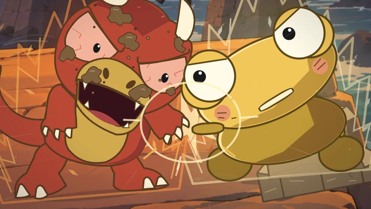 Kero blocks Goro’s claw at close range beside the broken river wall.