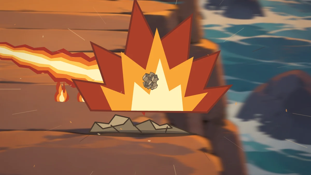 A jet of fire explodes against a stone pillar at the edge of the ledge.