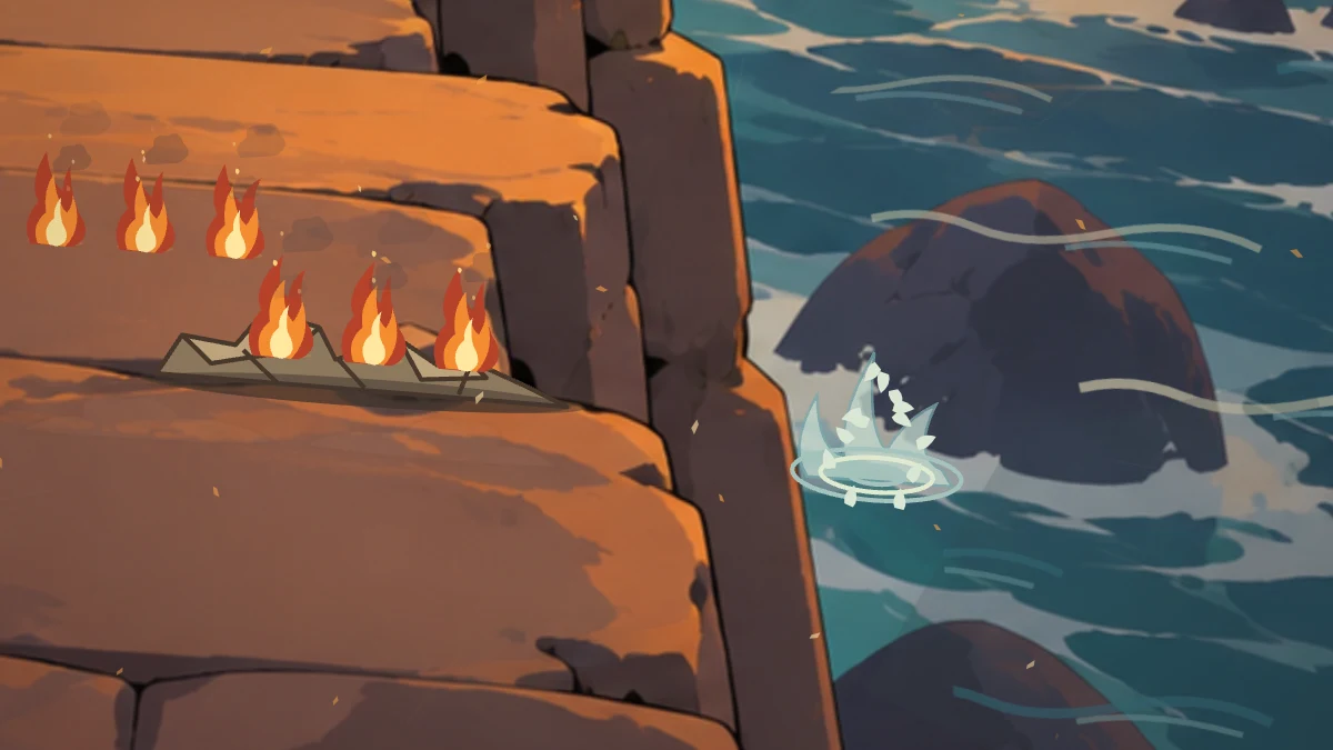 Falling masonry splashes below the damaged ledge. Kero has not fallen.