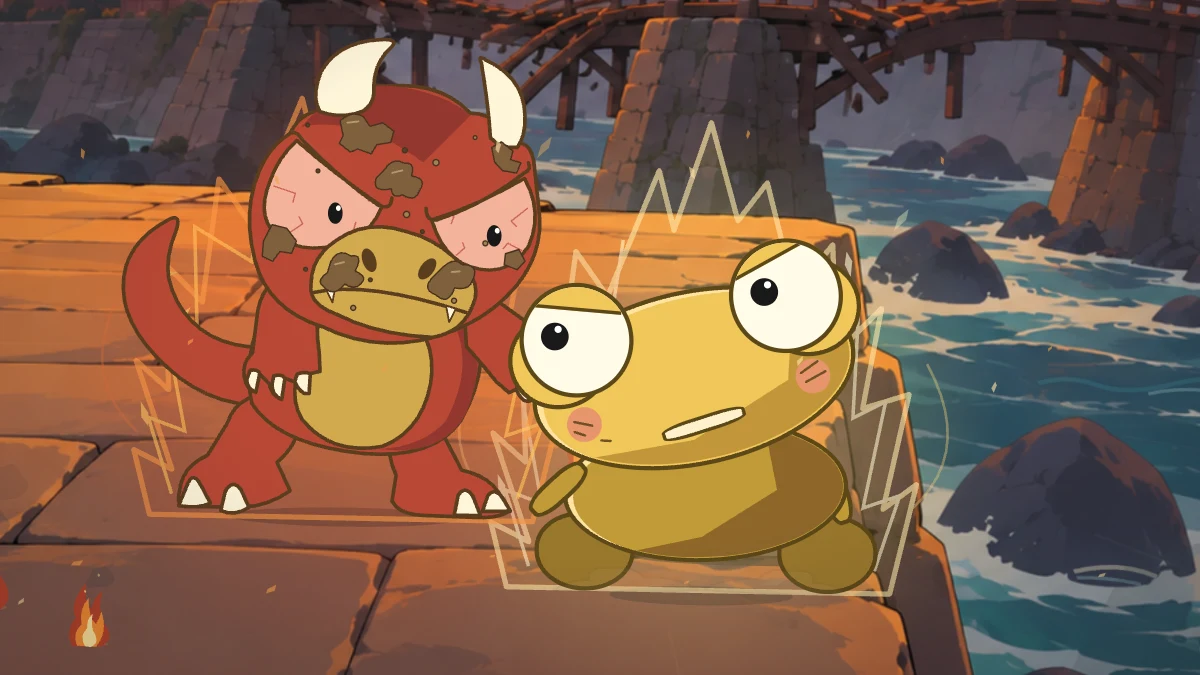 Kero crouches on the remaining stone ledge as Goro advances behind him.