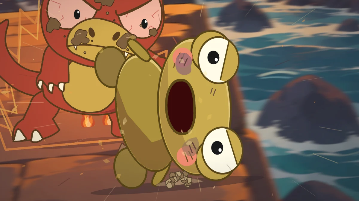 Bruised Kero tumbles sideways above the damaged ledge after another hit.