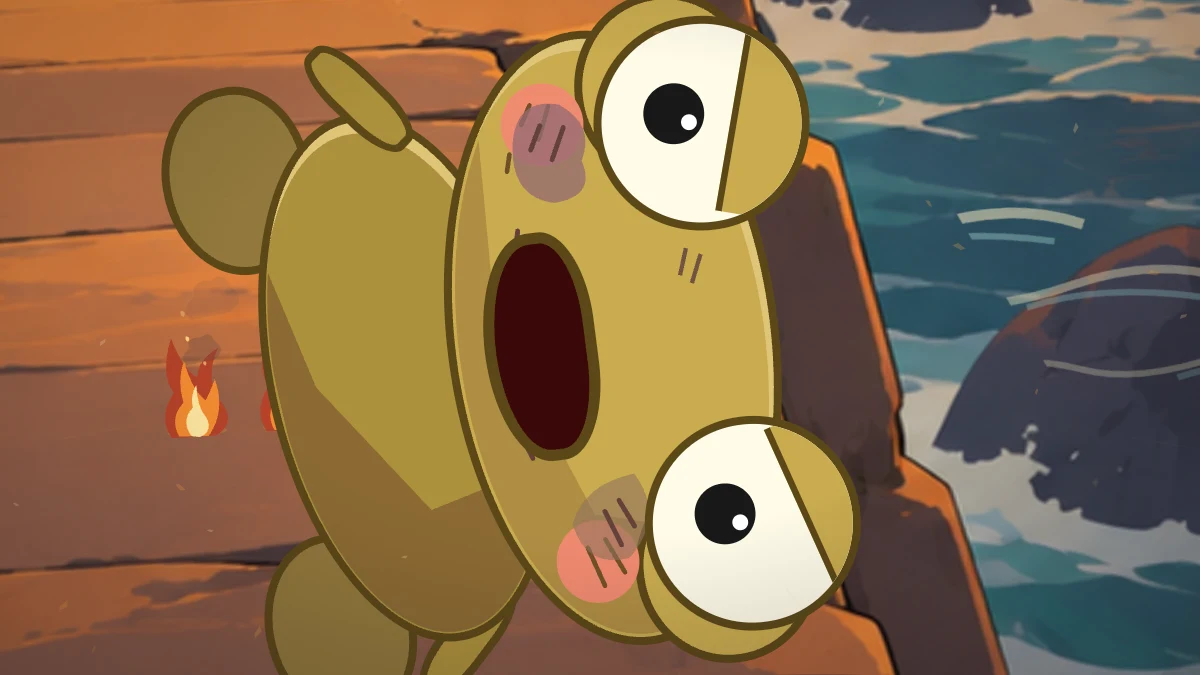 Battered Kero looks up at Goro from the edge of the river.