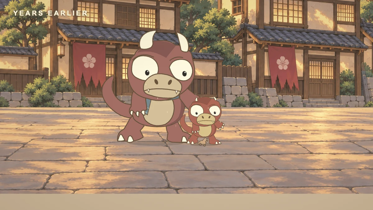 Goro as a hatchling, standing beside his mother outside their home.