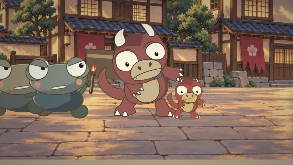 Frog soldiers surround Goro’s mother while the small hatchling stays beside her.