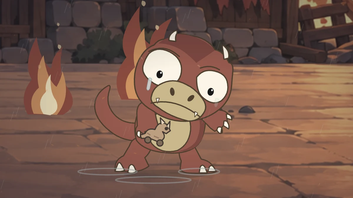 Young Goro cries in the burning ruins, holding his toy horse.
