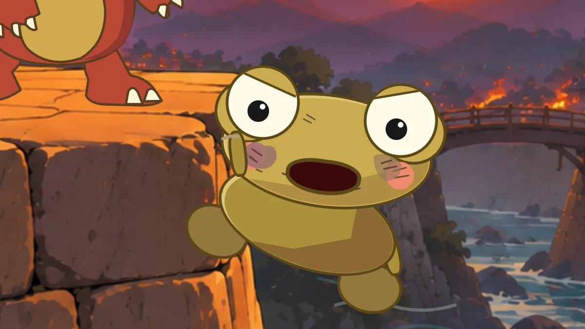 Kero hangs by one hand from the crumbling ledge, with Goro standing above him.