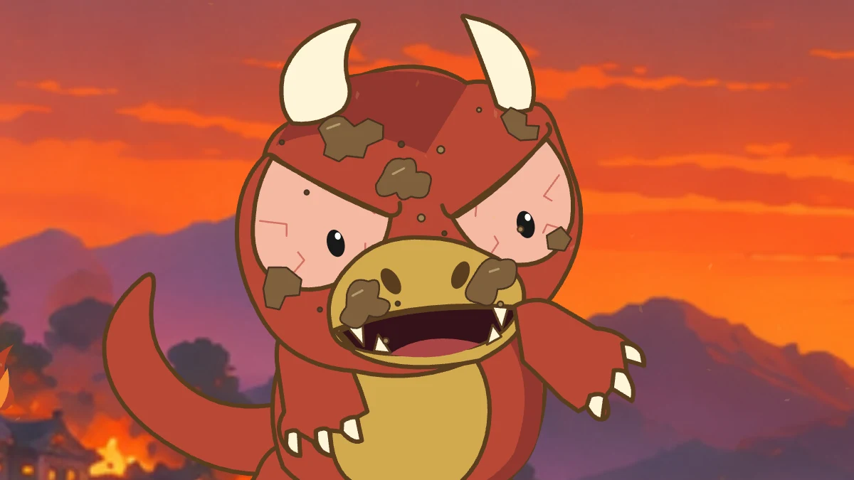 Goro looks down at Kero against the fiery evening sky.