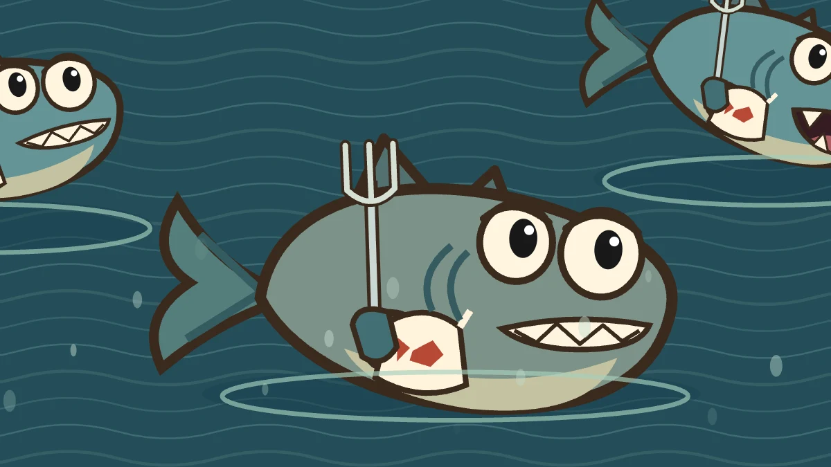 Hungry fish wait in the river wearing bibs and holding forks.