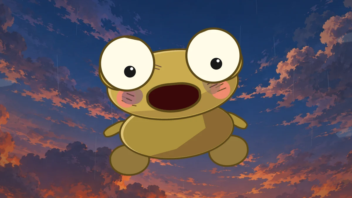 Kero falls through the sky with his mouth open in disbelief.