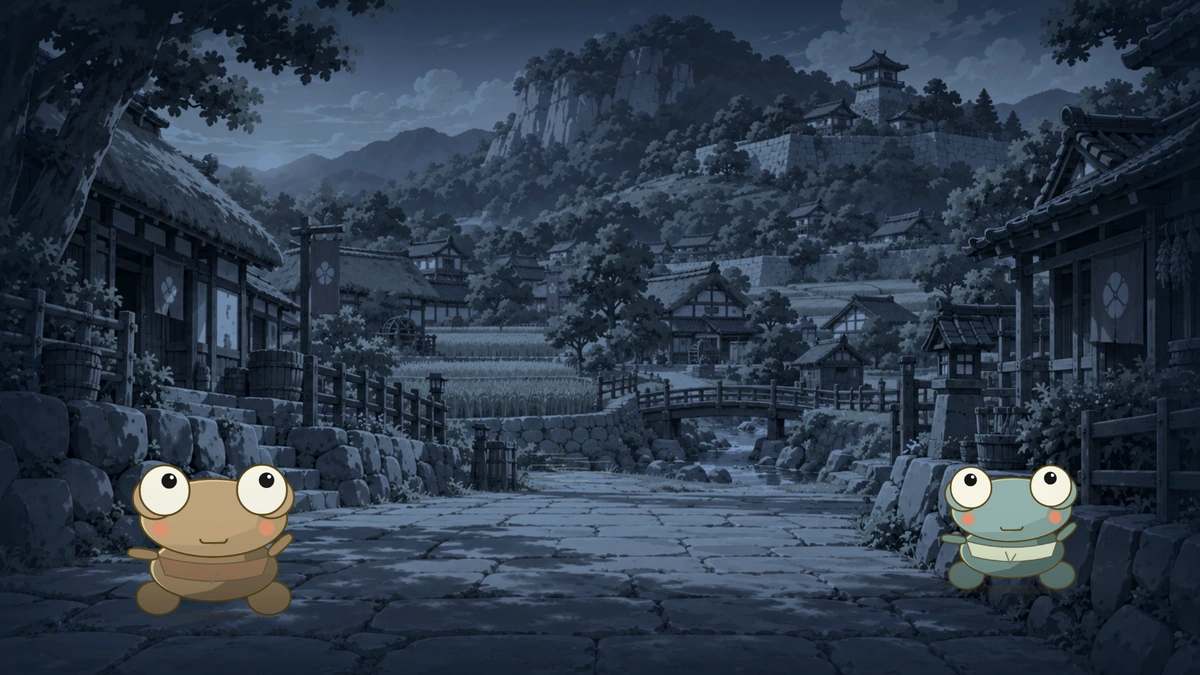 Two ancestors stand in the clean, intact ancient village.