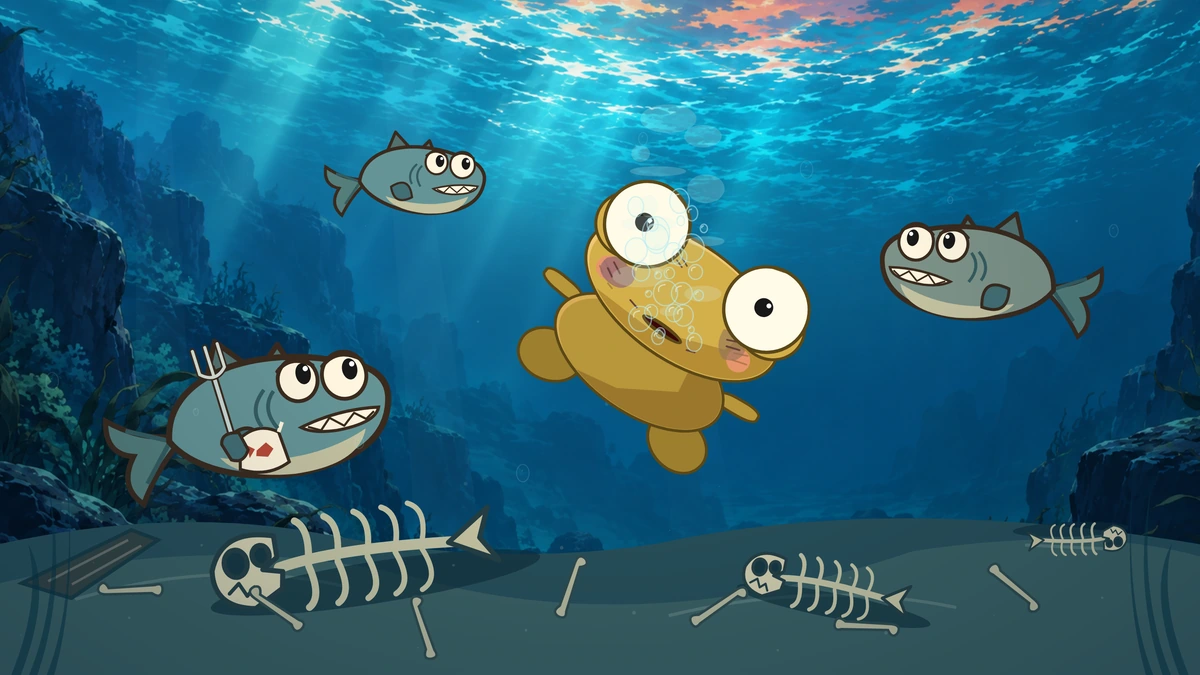 Three hungry fish watch Kero arrive above a seabed scattered with old bones.