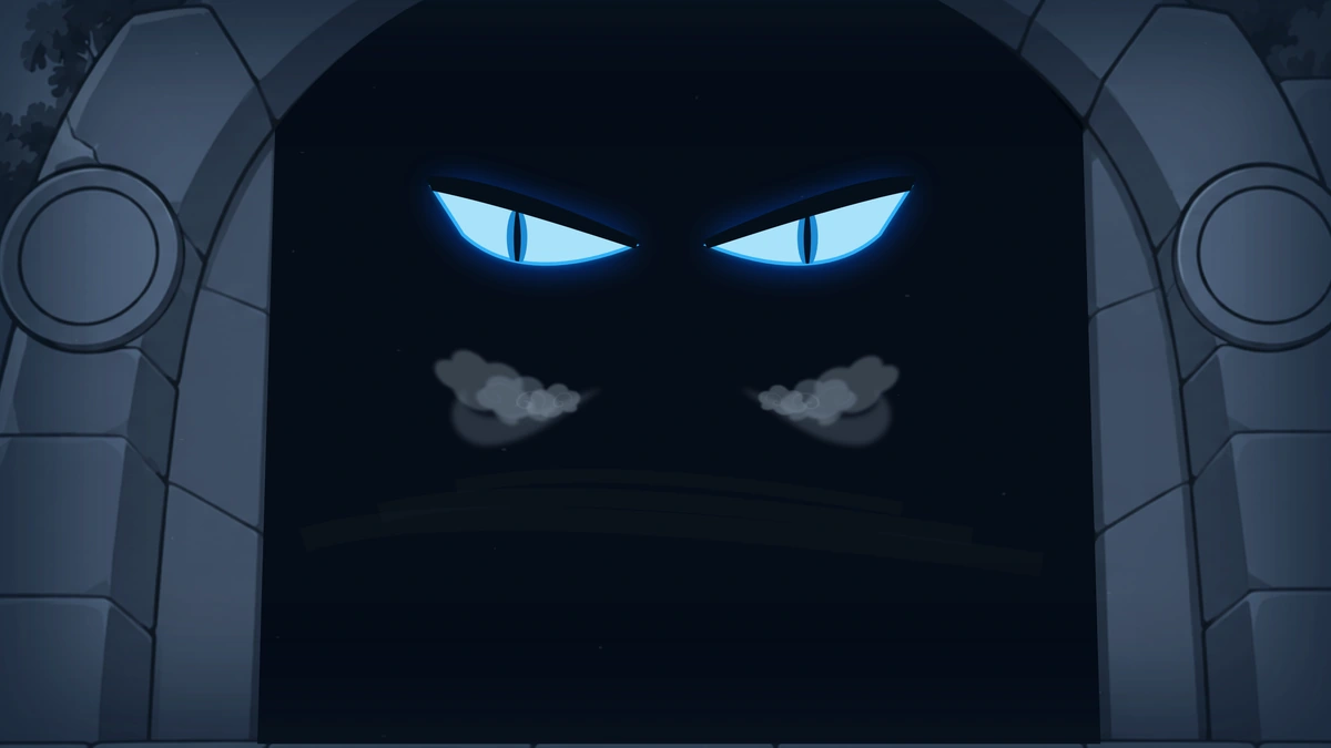 The First Dragon’s bright blue eyes stare out through smoke and darkness.