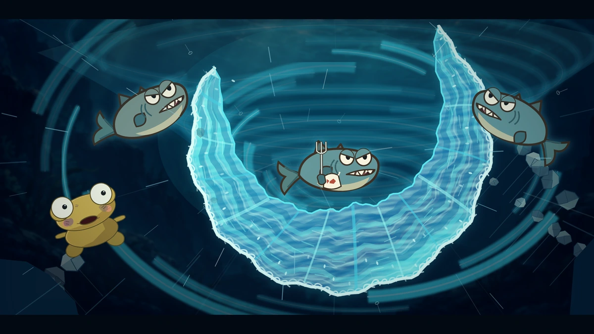The Fin Brigade gathers an enormous crescent of swirling water, with Kero trapped nearby.