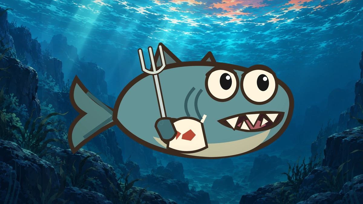 The fish with a bib and fork grins hungrily.