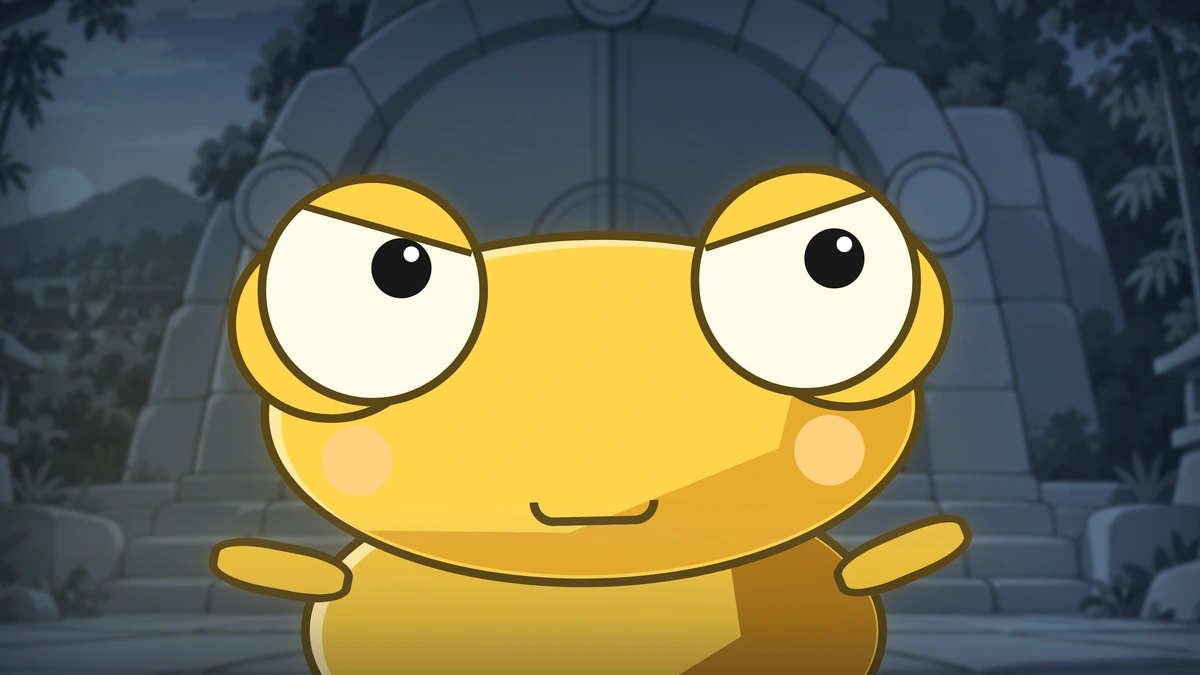 A golden Echo Frog stands before the ancient prison.