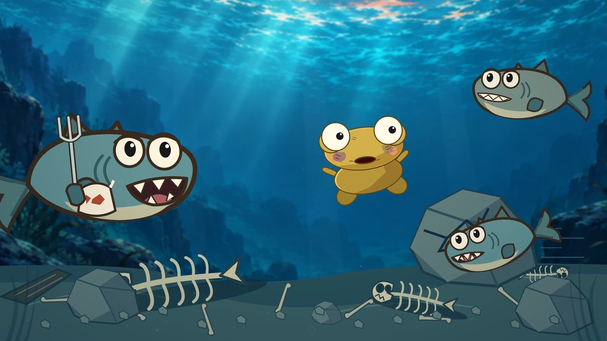 Three hungry fish circle a worried golden Kero above the rocky seabed.