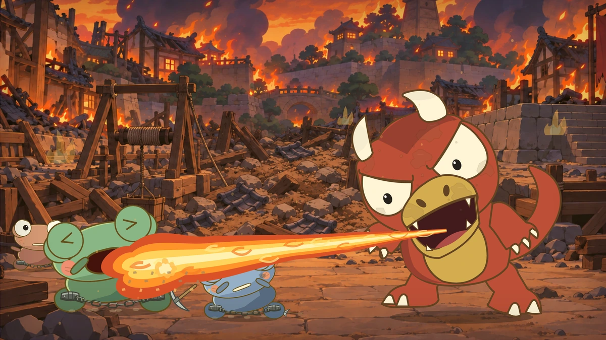 Goro breathes a jet of fire. The frightened villagers flinch.