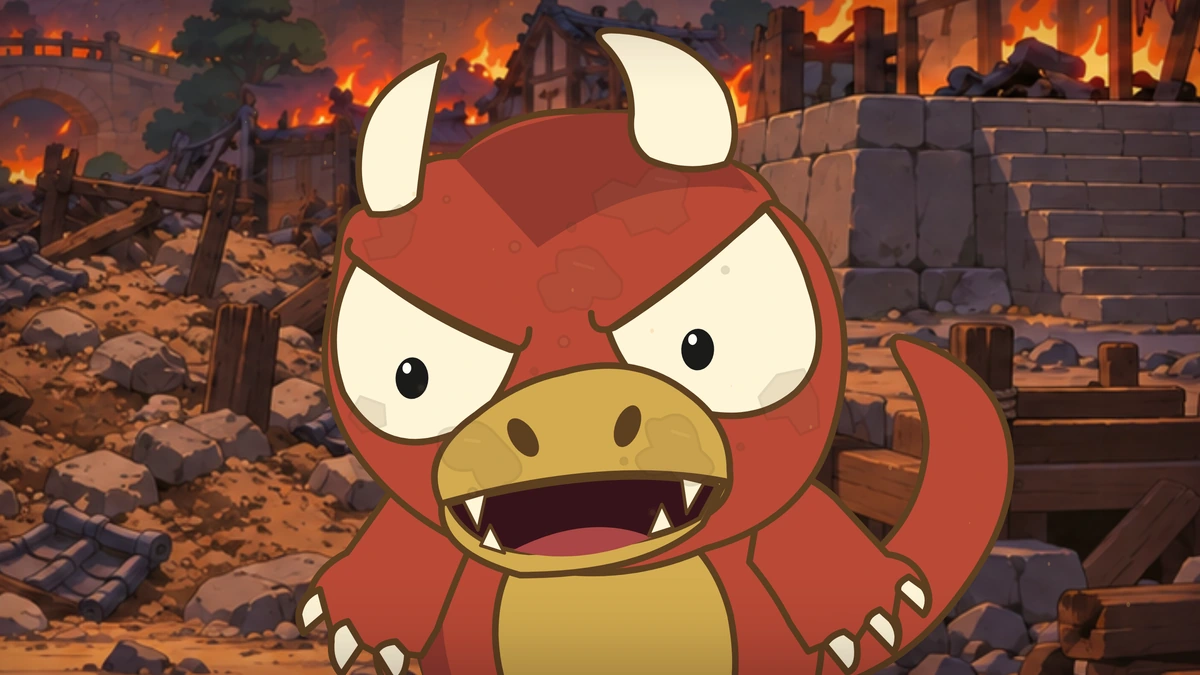Goro bares his teeth against the burning town.