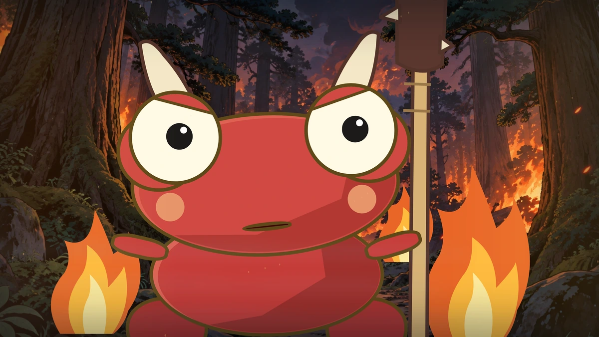 A horned red forest creature looks alarmed among the flames in Goro’s vision.