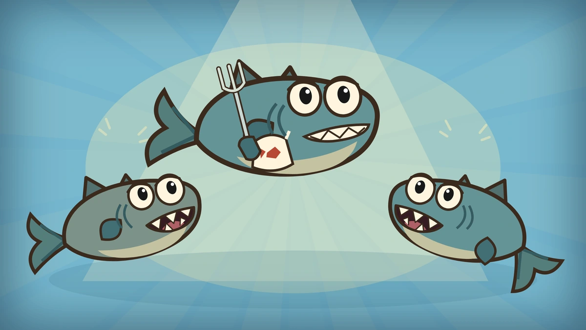 The fish laugh together beneath a spotlight.