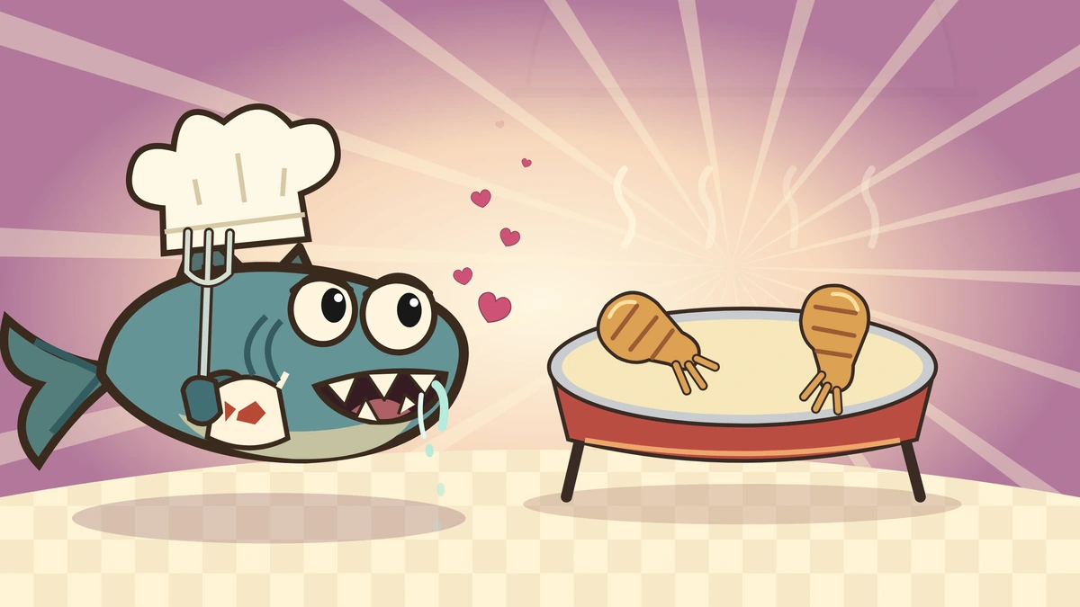 The fish imagines wearing a chef’s hat beside a pan of cartoon frog legs.