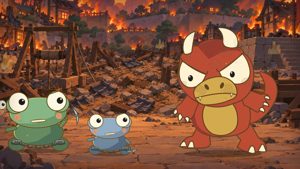Goro towers over captive frog villagers with pickaxes.