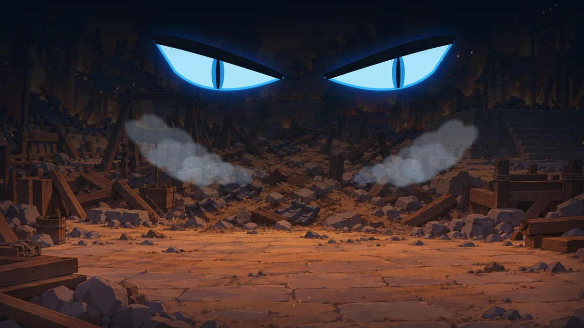 The First Dragon’s huge blue eyes loom over ruins in Goro’s threatened future.