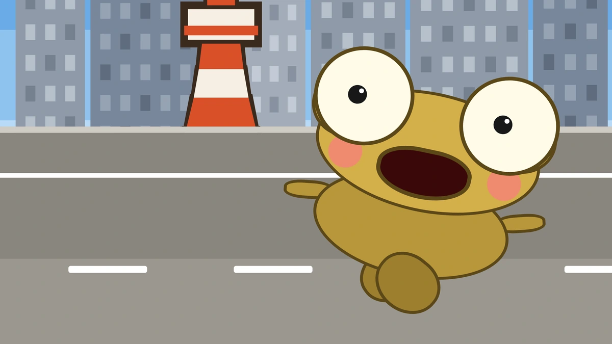 Kero runs down a Tokyo street during the pigeon chase.