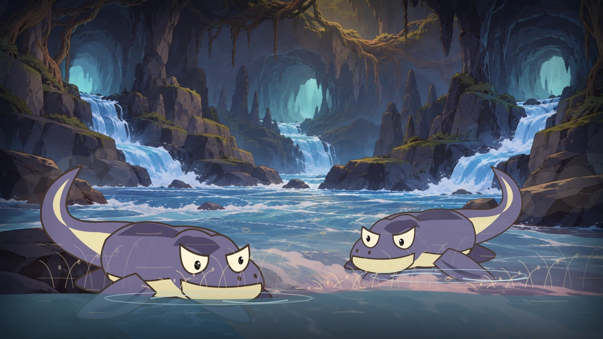 Two purple river creatures flee the boiling water in Goro’s threatened future.
