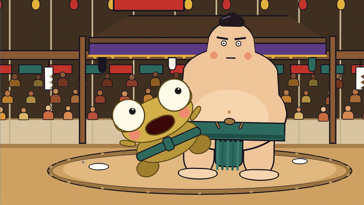 A sumo wrestler sends Kero tumbling back.