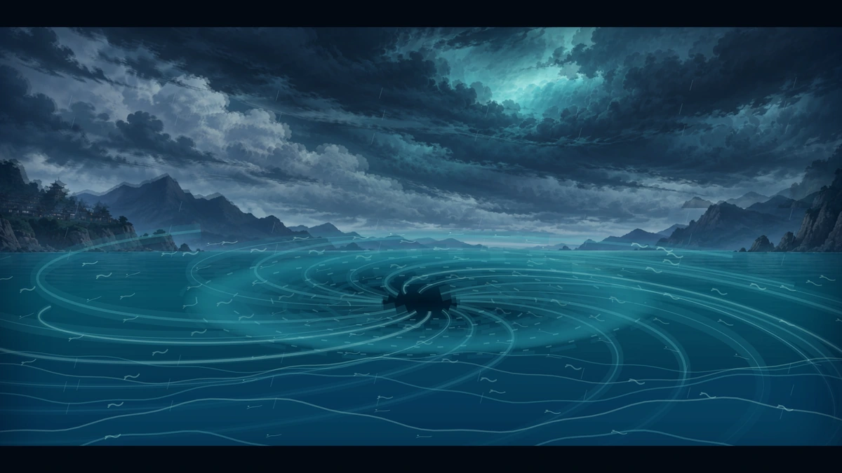 Above the surface, a whirlpool turns beneath dark storm clouds.