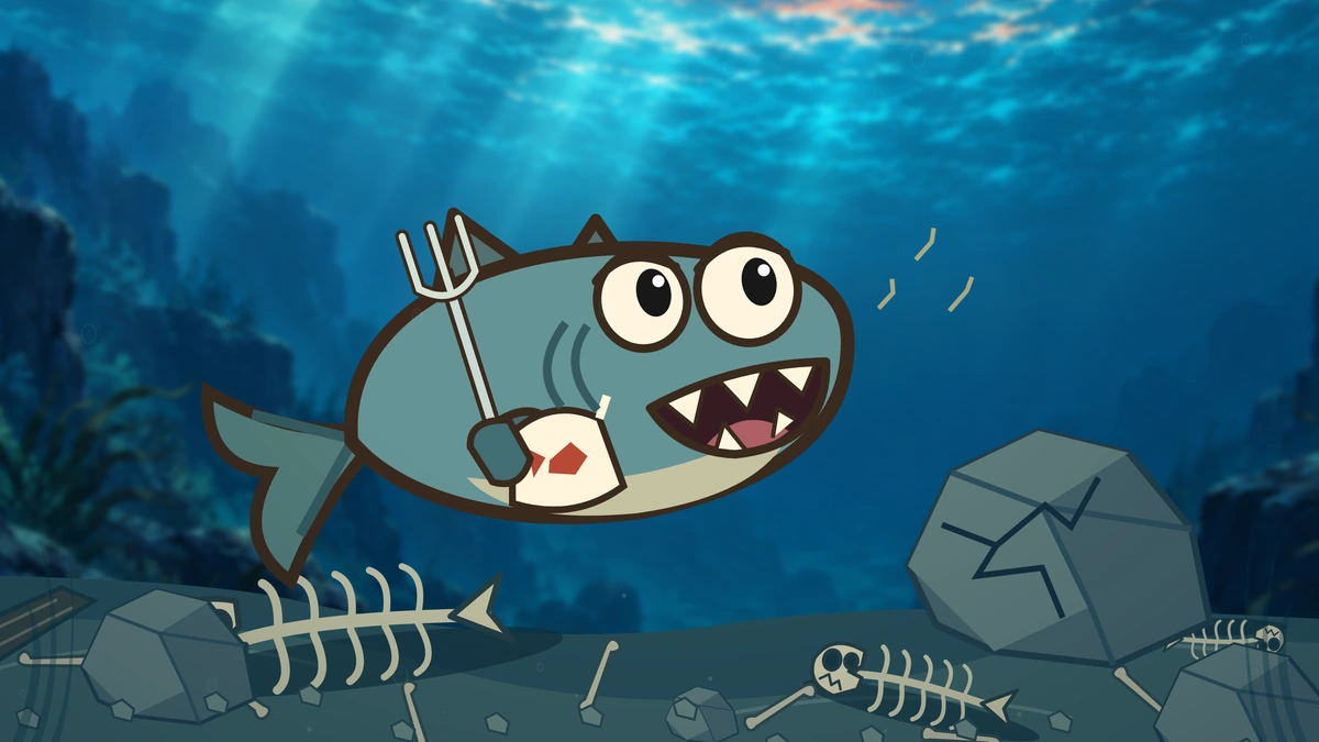 The fish recoils from the cracked rock with pain marks beside its mouth.