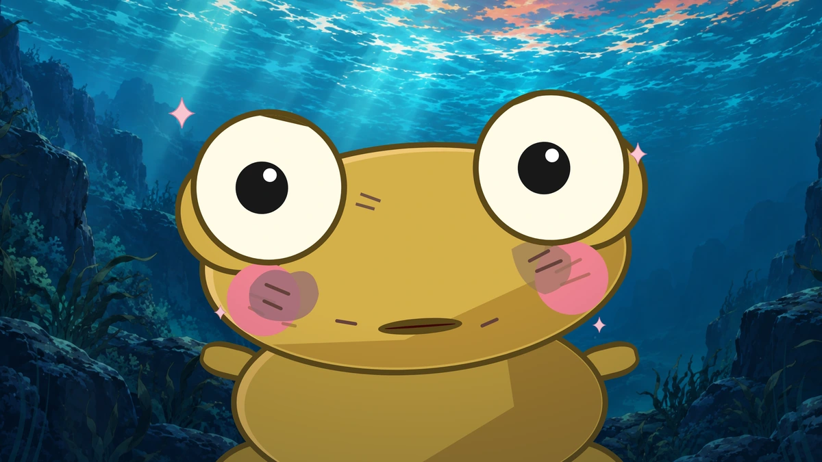 Kero blushes happily, surrounded by pink sparkles.