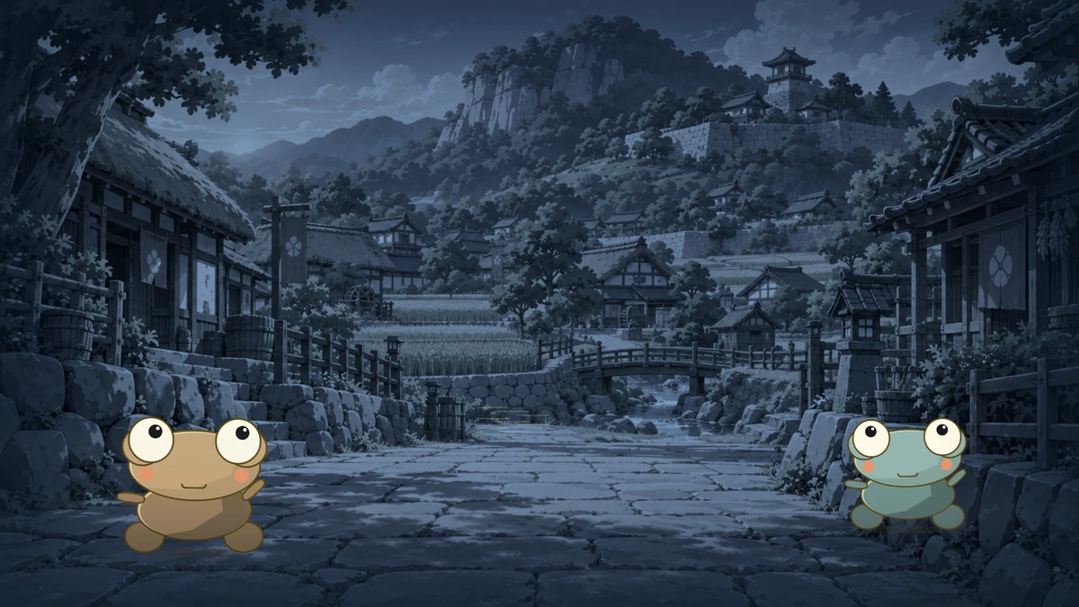 Frog villagers in Kerotown’s stone streets, surrounded by timber houses and wooded hills.