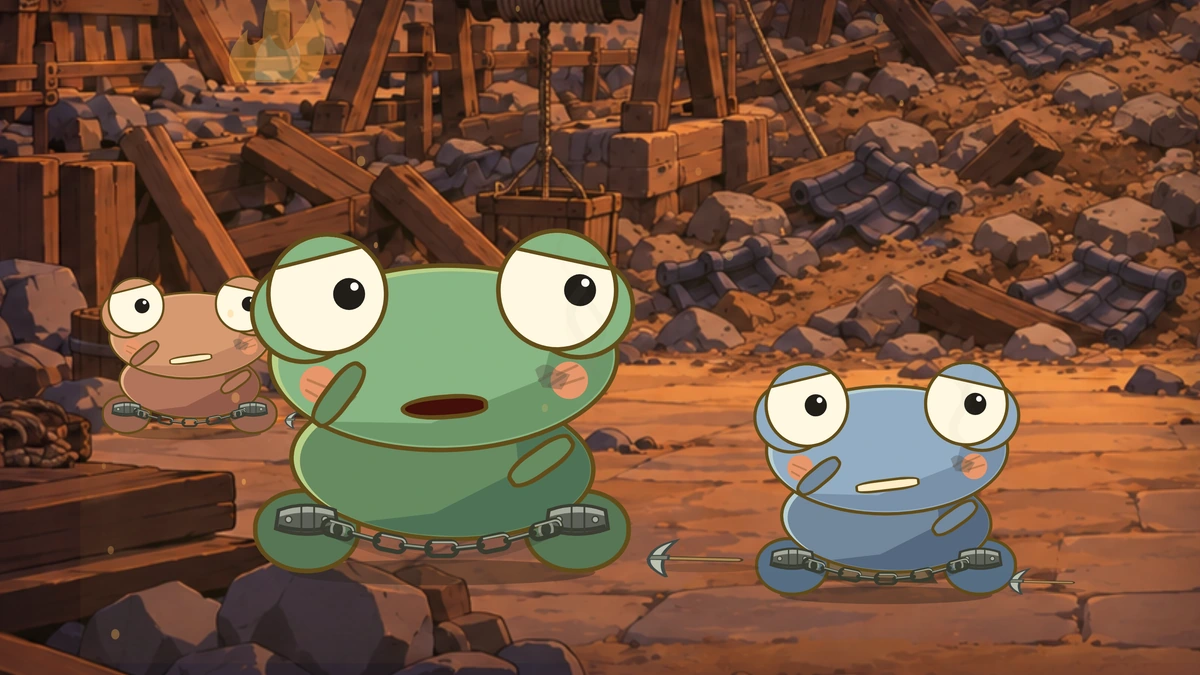 A green villager questions Goro beside a frightened blue villager.