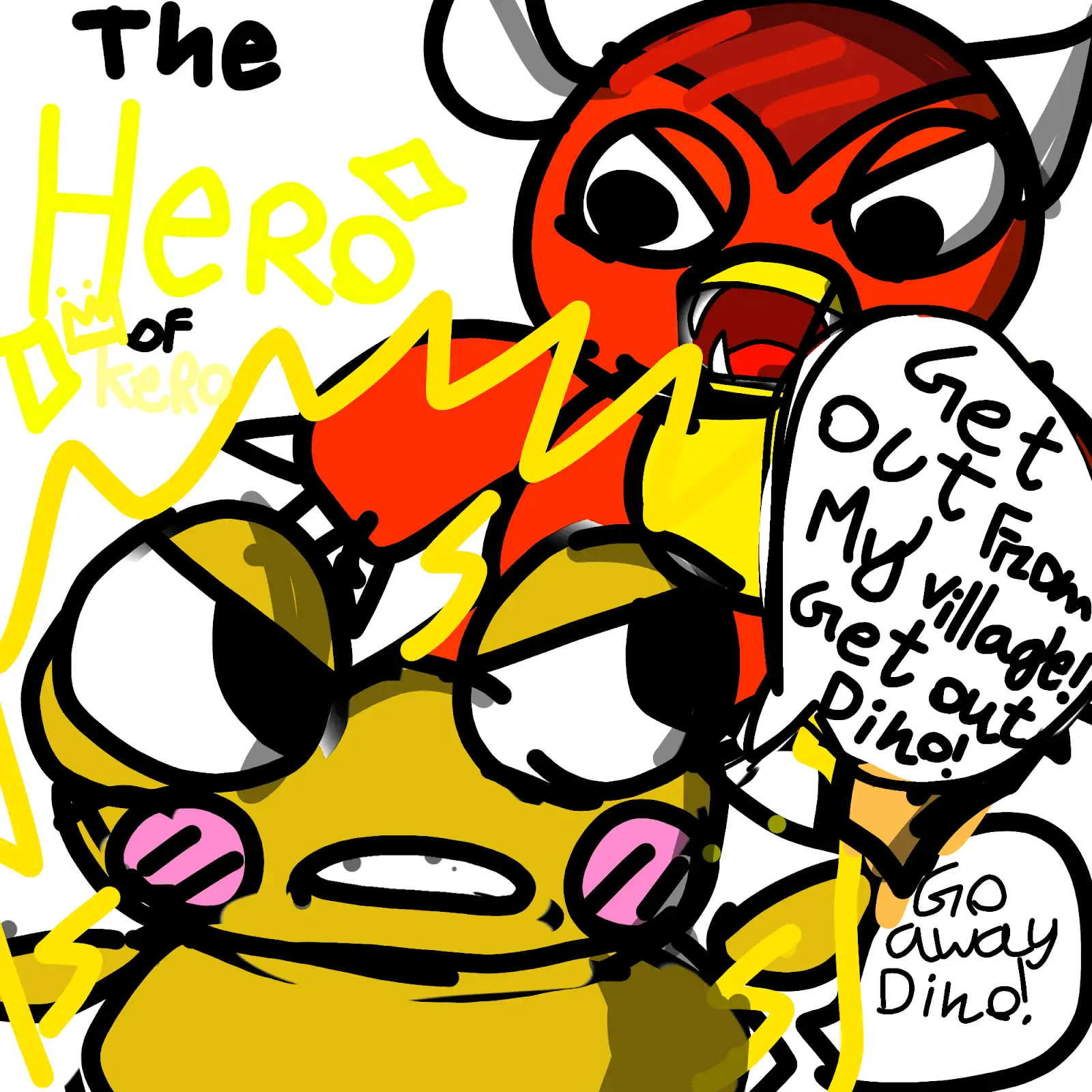 A crowned Kero shouts in a comic with red Goro and the artist’s original speech lettering.