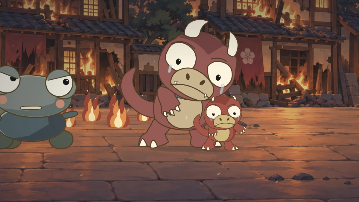 Goro remembers his family in their ruined home.