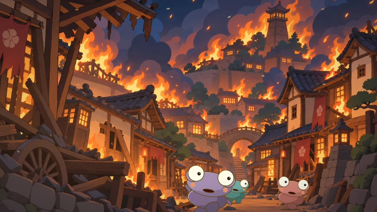 Frog villagers flee their burning street.