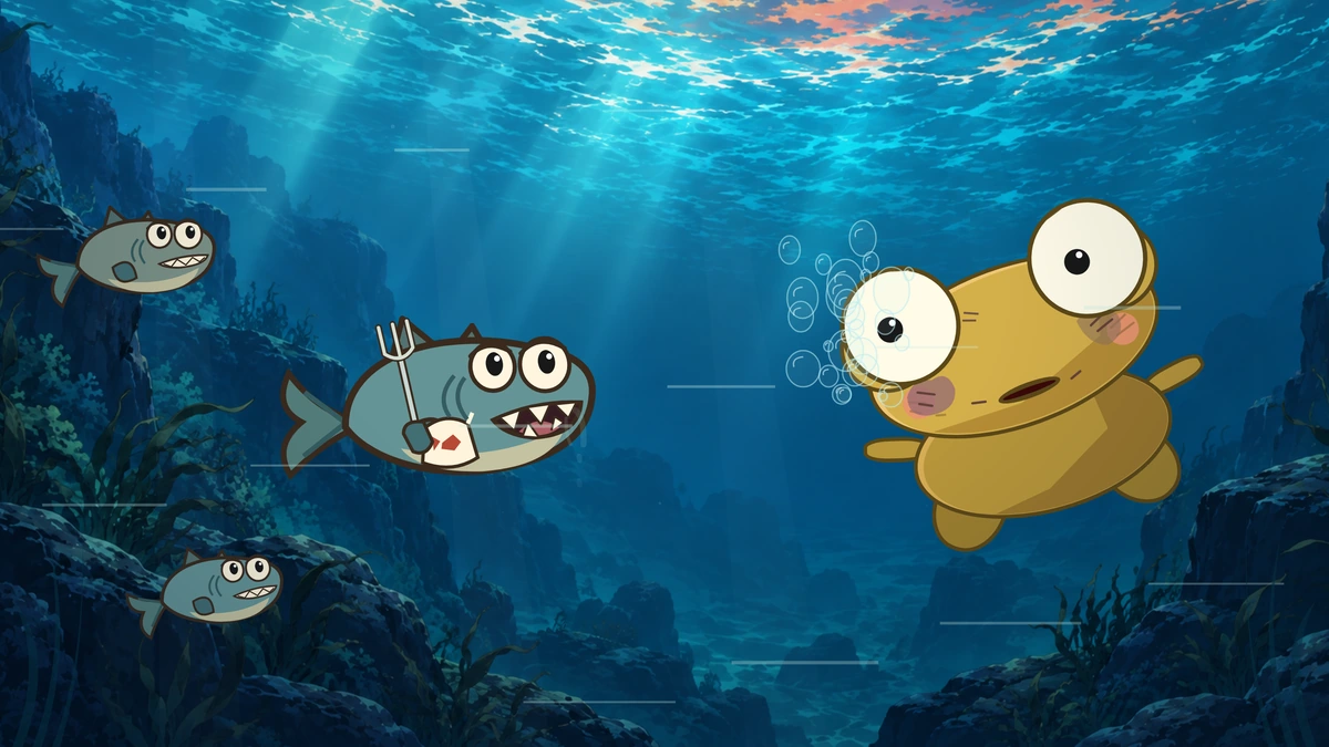 The three fish chase Kero through the water.