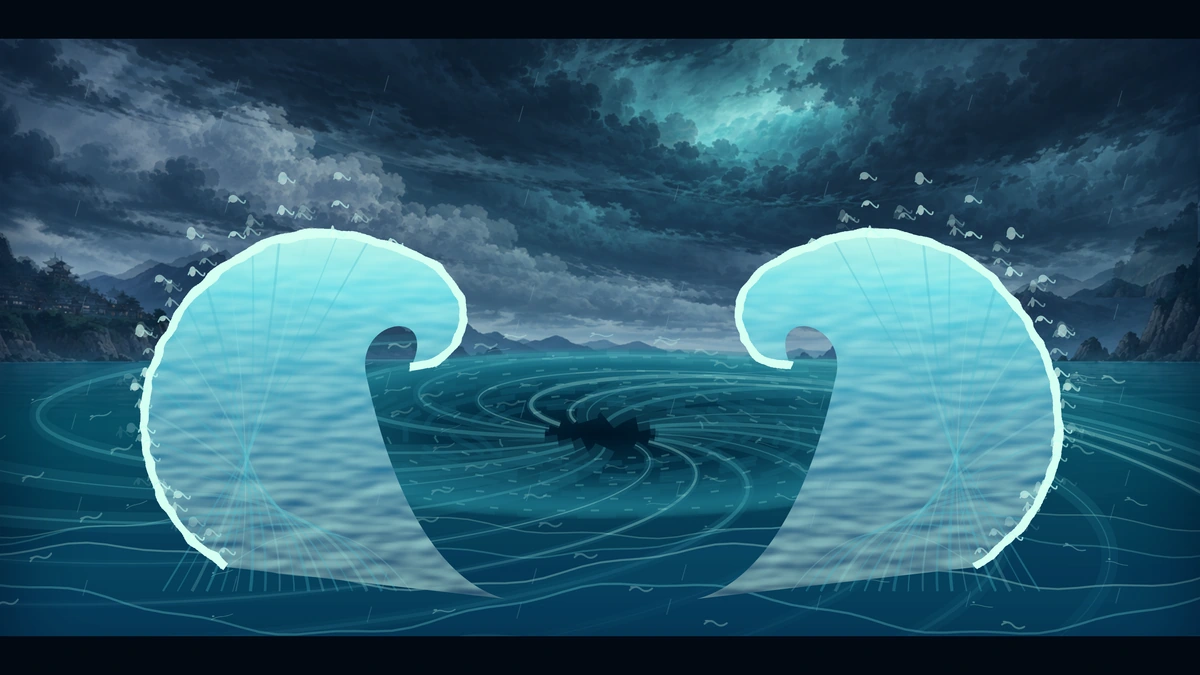 The massive crescent wave rises above the surface.