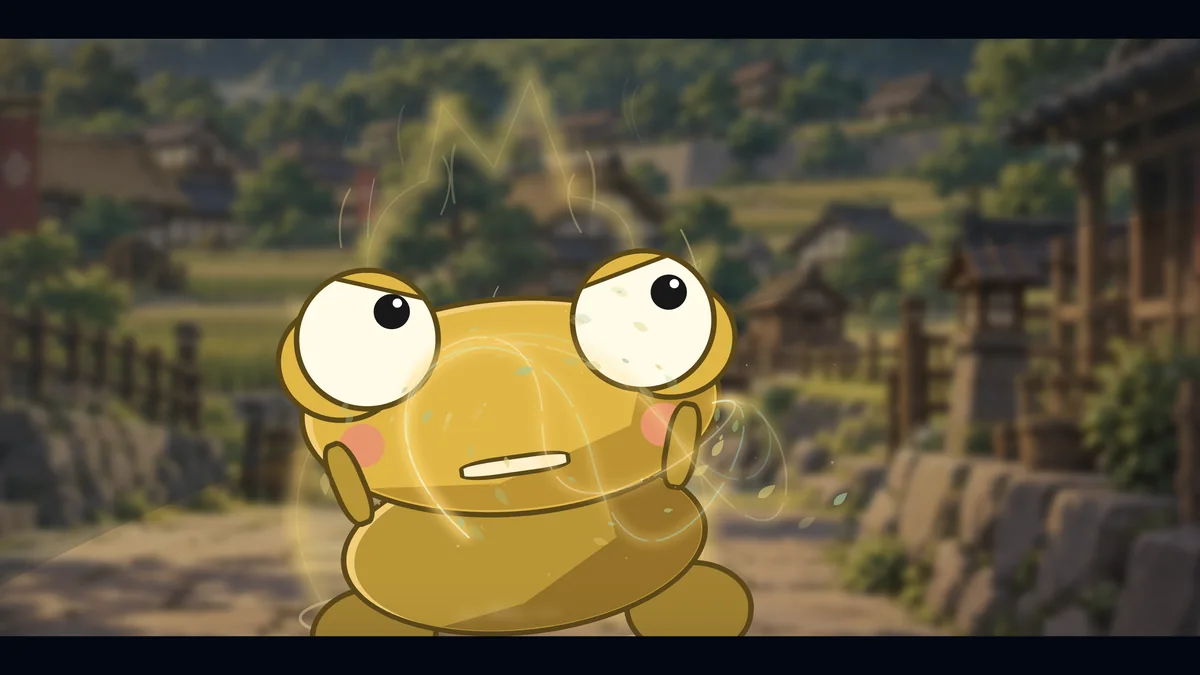 A golden Echo Frog ancestor gathers glowing energy in an old village.