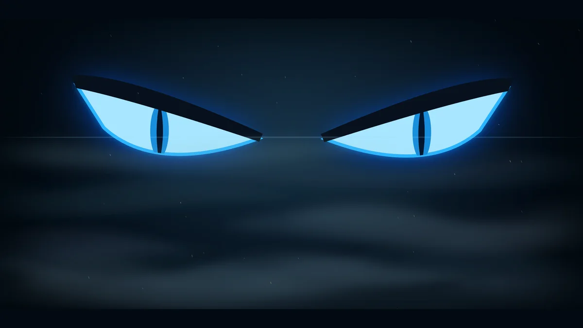 Glowing blue eyes open in the darkness.