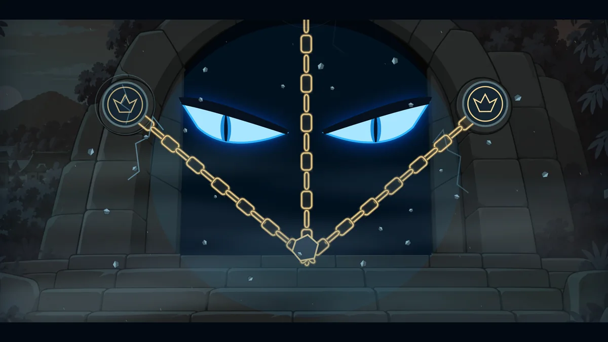 The First Dragon’s eyes glare behind a chained stone gate.