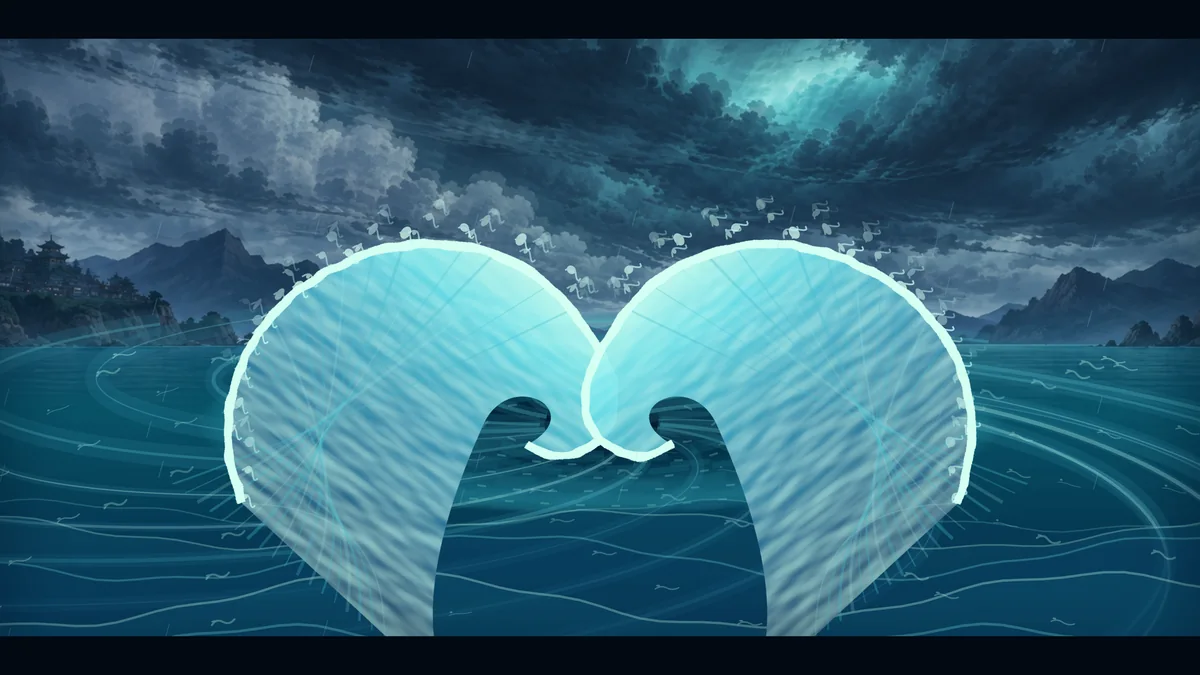 Two giant crests of water slam together over the stormy sea.
