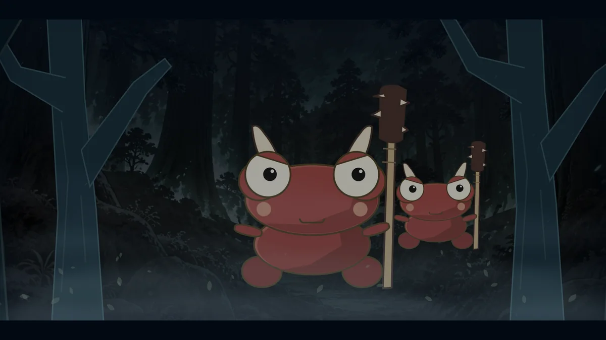 Horned red creatures step out of a dark forest.