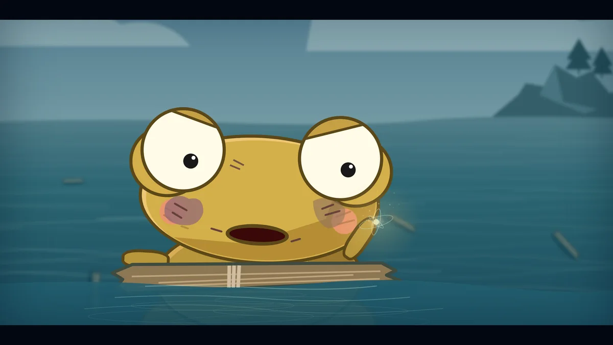 Kero floats on a plank and stares at his hand.