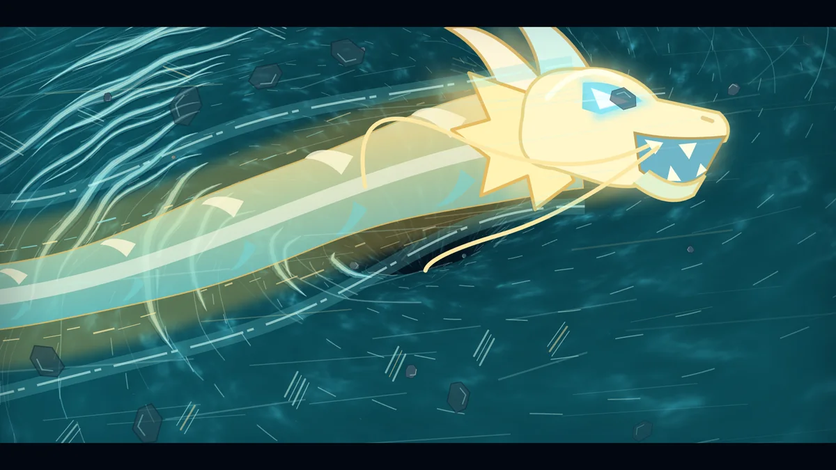 The dragon carves through the current.