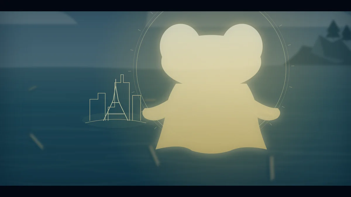 A faint Tokyo skyline glows beside the figure.